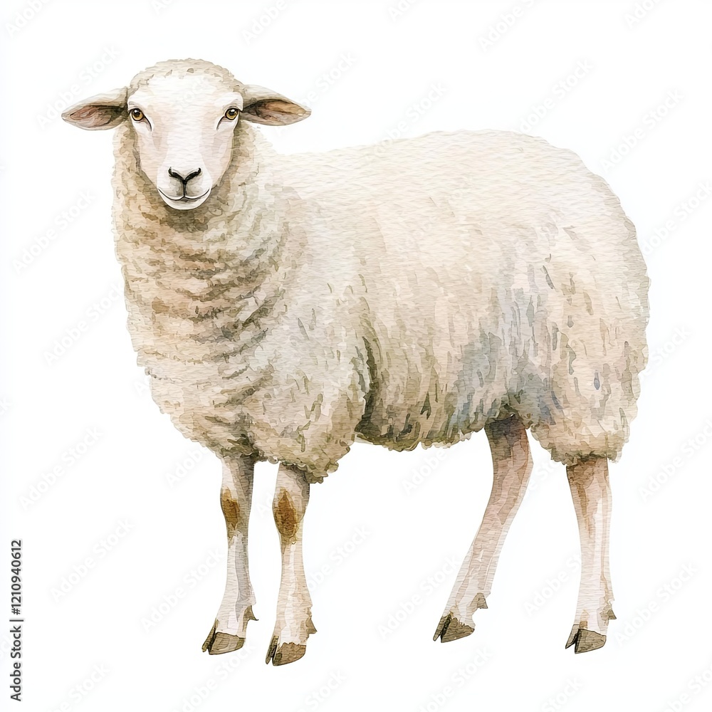 This artwork features a realistically depicted sheep in watercolor, highlighting its fluffy texture and gentle expression against a pure white backdrop This artwork features a realistically depicted sheep in watercolor, highlighting its fluffy texture and gentle expression against a pure white backdrop