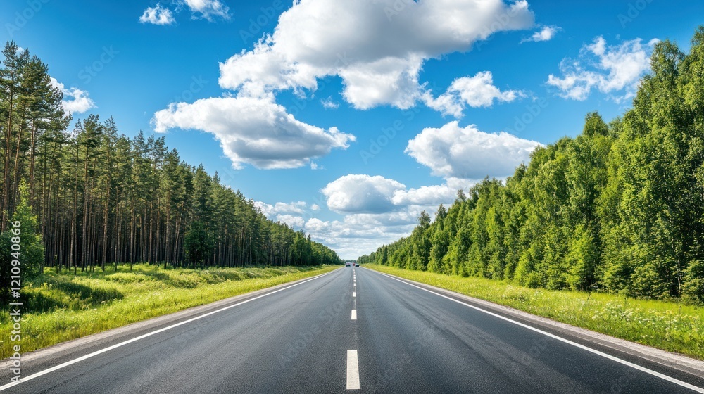 Scenic Summer Road Trip:Asphalt Highway Through Lush Green Forest Under Blue Sky Scenic Summer Road Trip:Asphalt Highway Through Lush Green Forest Under Blue Sky