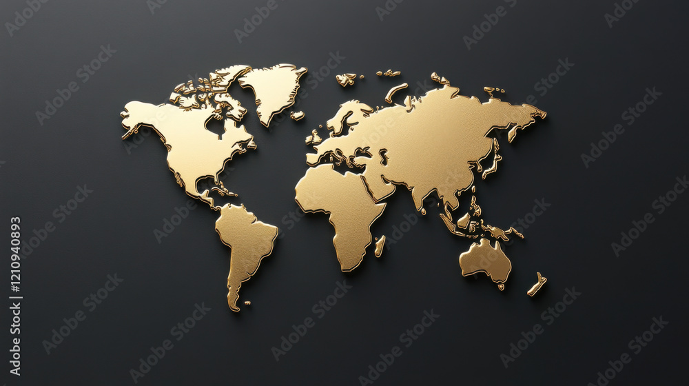 polished gold map of world on matte black background, showcasing continents beautifully