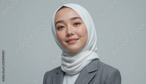 Confident Muslim Businesswoman in Grey Suit Holding Notebook with Warm Smile photo