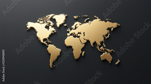 polished gold map of world on matte black background, showcasing continents beautifully