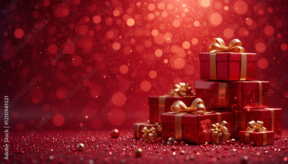 Festive Stacked Presents on Red Glittery glowing festive backdrop for xmas, party, holiday, birthday, invitation Festive Stacked Presents on Red Glittery glowing festive backdrop for xmas, party, holiday, birthday, invitation