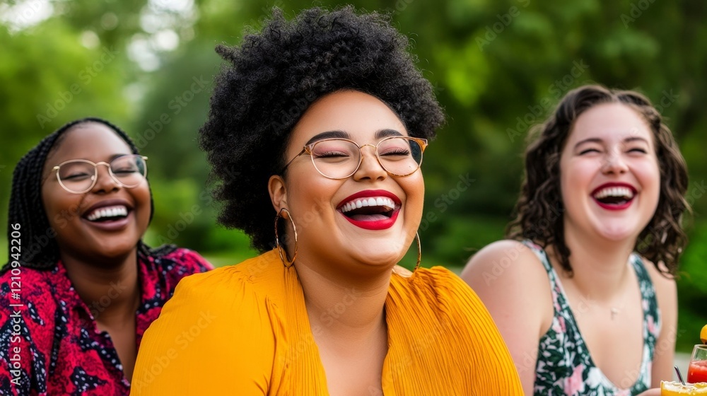 Three Women Laughing Together in a Park with Joyful Expressions and Vibrant Clothing Three Women Laughing Together in a Park with Joyful Expressions and Vibrant Clothing