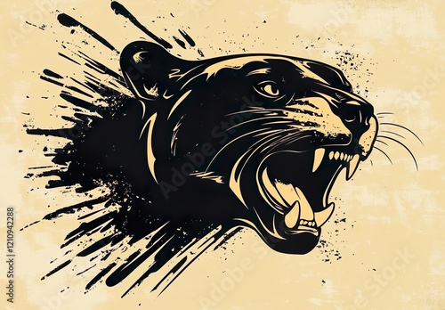 Roaring panther illustration black and beige fierce photo