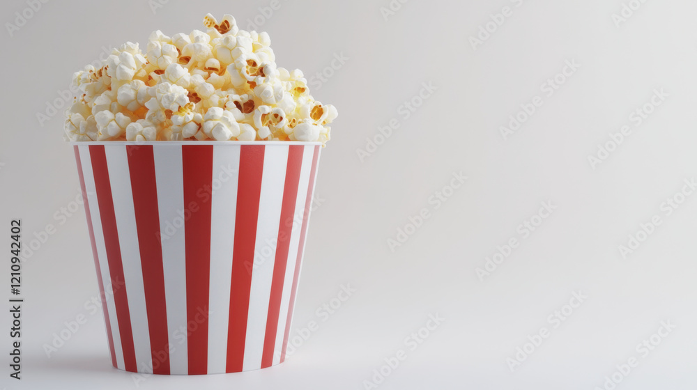 Freshly popped popcorn in classic red and white striped bucket, perfect for movie nights Freshly popped popcorn in classic red and white striped bucket, perfect for movie nights