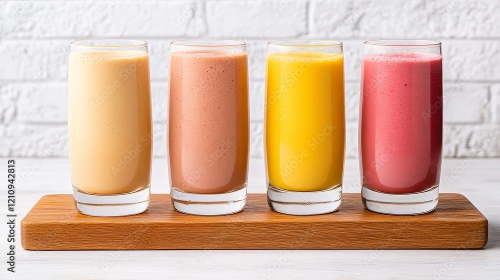 Refreshing Smoothies in Four Colors Served in Clear Glasses on Wooden Board Refreshing Smoothies in Four Colors Served in Clear Glasses on Wooden Board