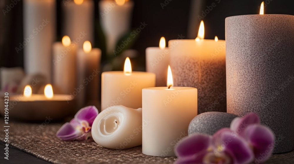 Serene Spa Atmosphere: Lit Candles and Orchids Serene Spa Atmosphere: Lit Candles and Orchids