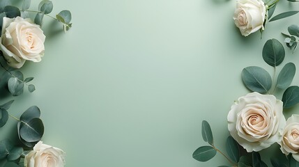 Cream roses, eucalyptus leaves, green background; wedding invitation design