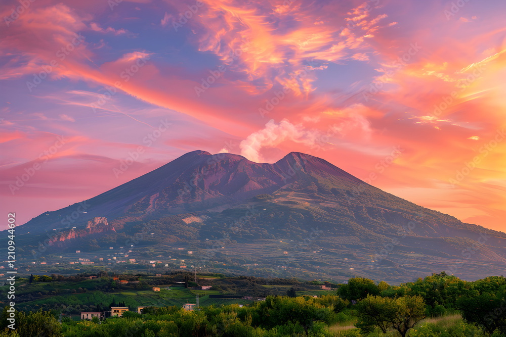 Naklejka premium Sunset Scene of Active Mount Vesuvius in Naples, Italy