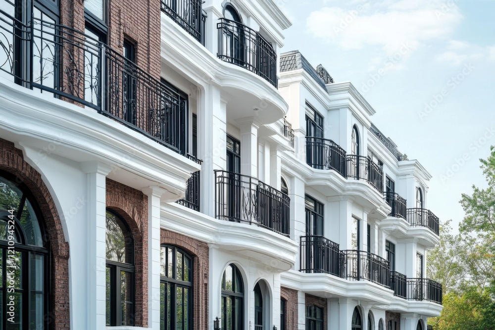 Fototapeta premium Modern residential architecture showcases elegant balconies and intricate detailing in a harmonious urban landscape during a clear daytime setting