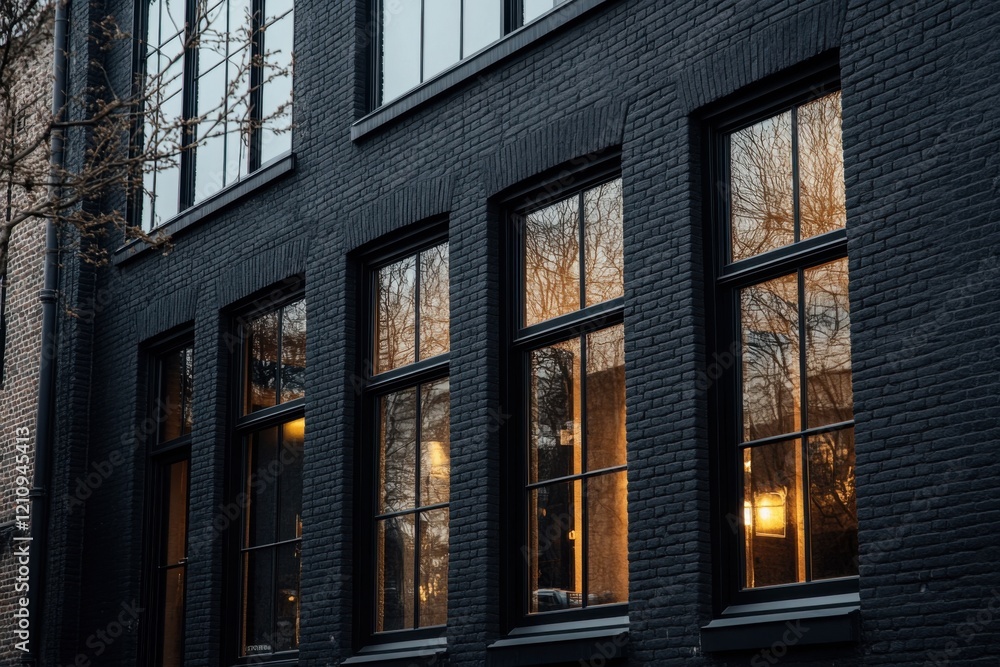 Fototapeta premium Urban architecture showcases large windows reflecting a sunset view on a darkened building wall during early evening hours in the city