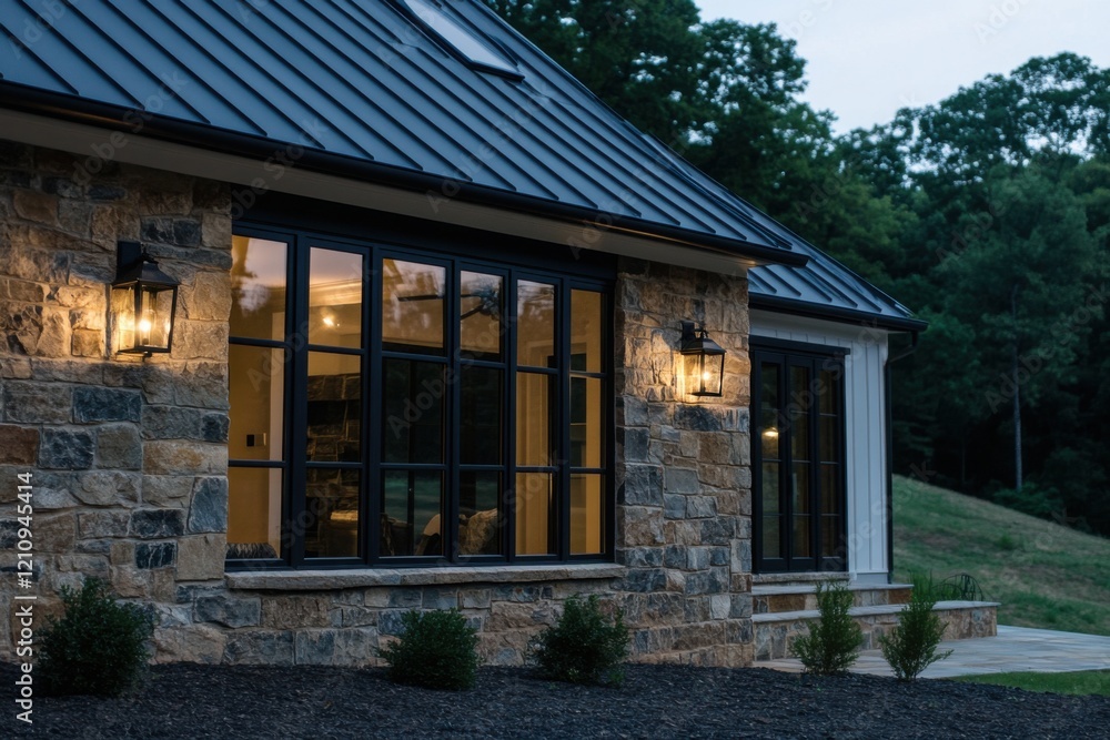 The enchanting exterior of a stone house shines beautifully in the evening, adorned with warm, inviting lighting and a delightful design, set in a peaceful wooded area The enchanting exterior of a stone house shines beautifully in the evening, adorned with warm, inviting lighting and a delightful design, set in a peaceful wooded area