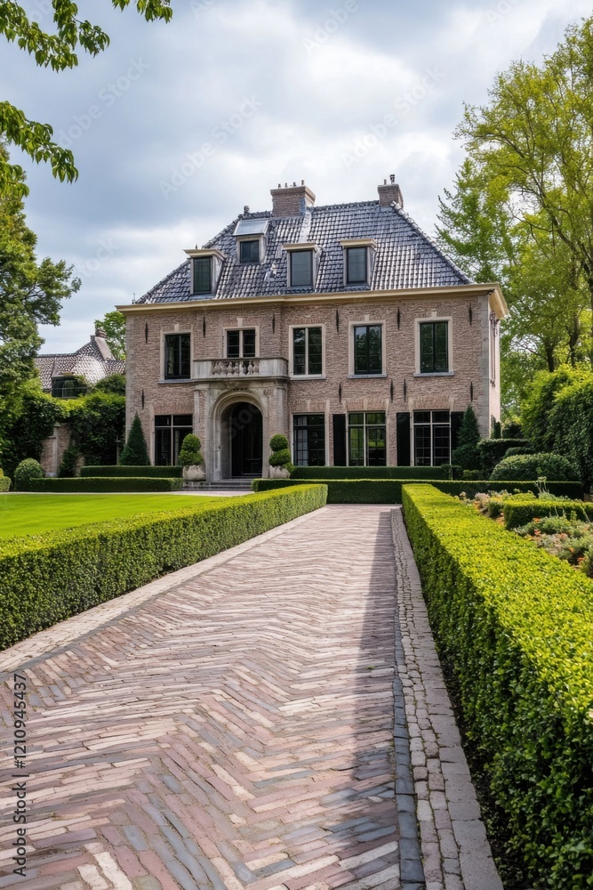 An elegant house set in a tranquil neighborhood, featuring beautifully manicured gardens and a charming cobblestone driveway, shines brightly under the warm sun An elegant house set in a tranquil neighborhood, featuring beautifully manicured gardens and a charming cobblestone driveway, shines brightly under the warm sun