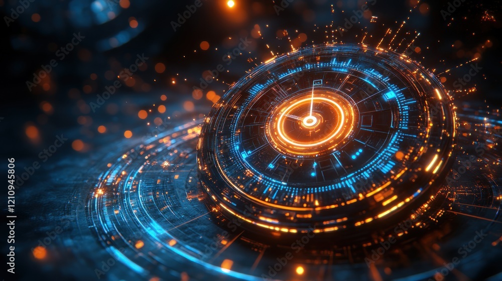 Fototapeta premium Futuristic circular interface with glowing orange and blue elements, surrounded by a dynamic digital background