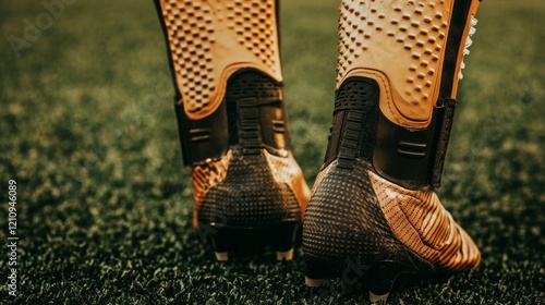 The texture of a soccer player's shin guards, outdoor setting with soccer field backdrop, Minimalist style photo