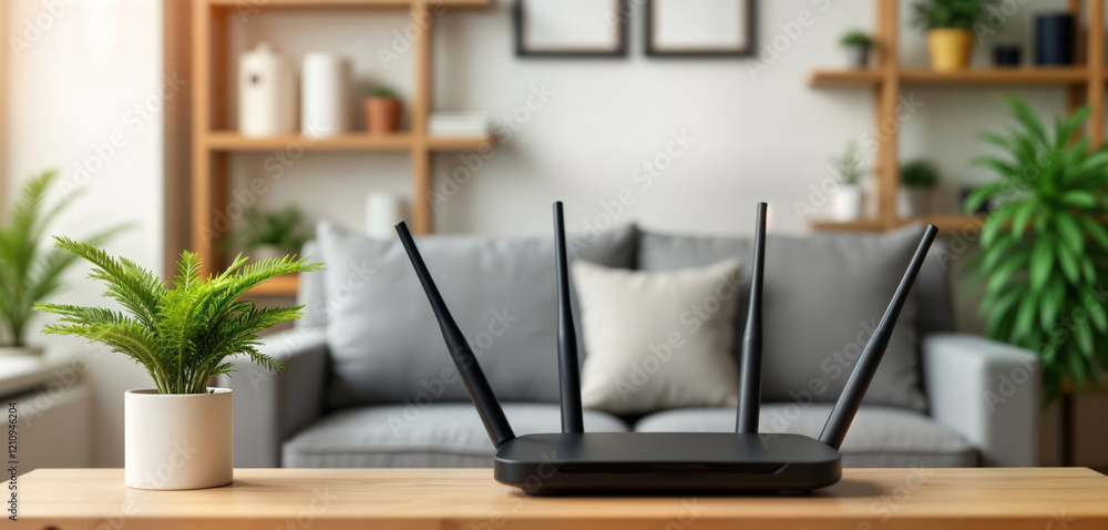 Modern wireless router sits on wooden table in cozy home. Tech device sleek, stylish. Home interior shows organized space with plants. Connection to network vital. Stylish decor, tech. Home office Modern wireless router sits on wooden table in cozy home. Tech device sleek, stylish. Home interior shows organized space with plants. Connection to network vital. Stylish decor, tech. Home office