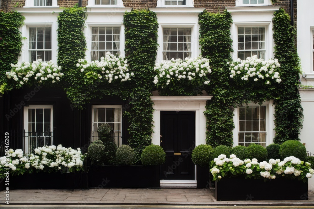 Beautiful white hydrangeas bloom across a black facade adorned with lush greenery in a quaint urban neighborhood during spring Beautiful white hydrangeas bloom across a black facade adorned with lush greenery in a quaint urban neighborhood during spring