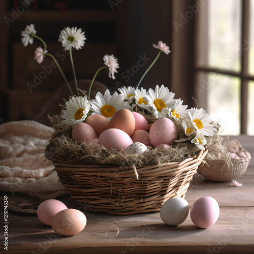 A professional photo of a  basket filled with hay, pastel pink and beige eggs, and small daisies, Easter holiday concept, Flat lay, Holiday congratulation card, background, gift card