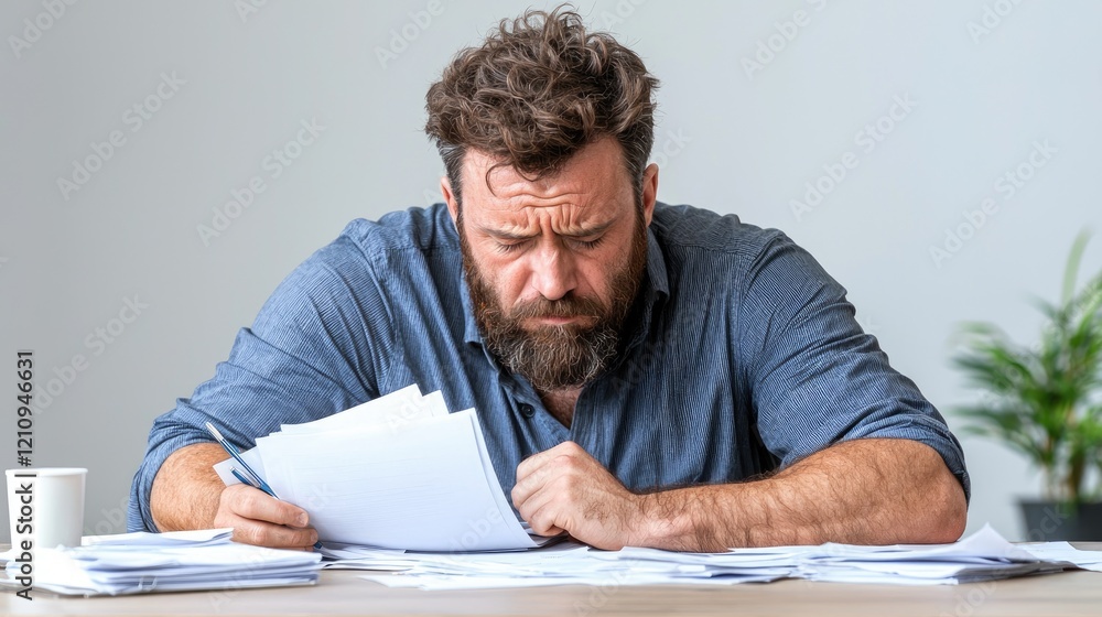 Stressed man reviewing paperwork at home office Stressed man reviewing paperwork at home office