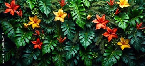 Vibrant tropical green wall features diverse plants, flowers. Foliage, colorful blooms create dense pattern. Perfect for backgrounds design elements. Detailed digital artwork exhibits natural beauty.
