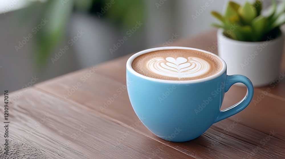 Blue Cup of Latte Art Coffee on Wooden Table Blue Cup of Latte Art Coffee on Wooden Table