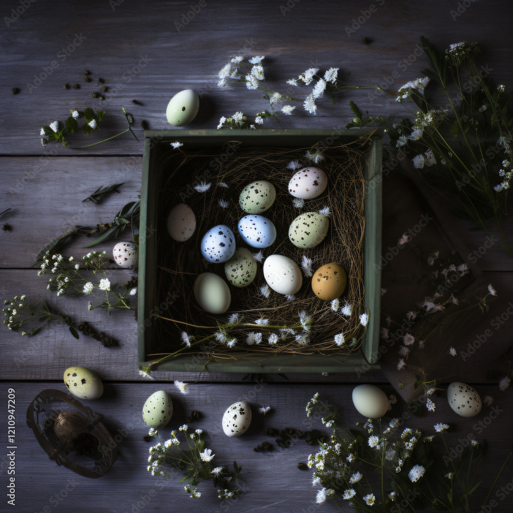 A professional photo of a speckled eggs nestled in soft moss, surrounded by twigs and tiny white flowers, Easter holiday concept, Flat lay, Holiday congratulation card, background, gift card A professional photo of a speckled eggs nestled in soft moss, surrounded by twigs and tiny white flowers, Easter holiday concept, Flat lay, Holiday congratulation card, background, gift card