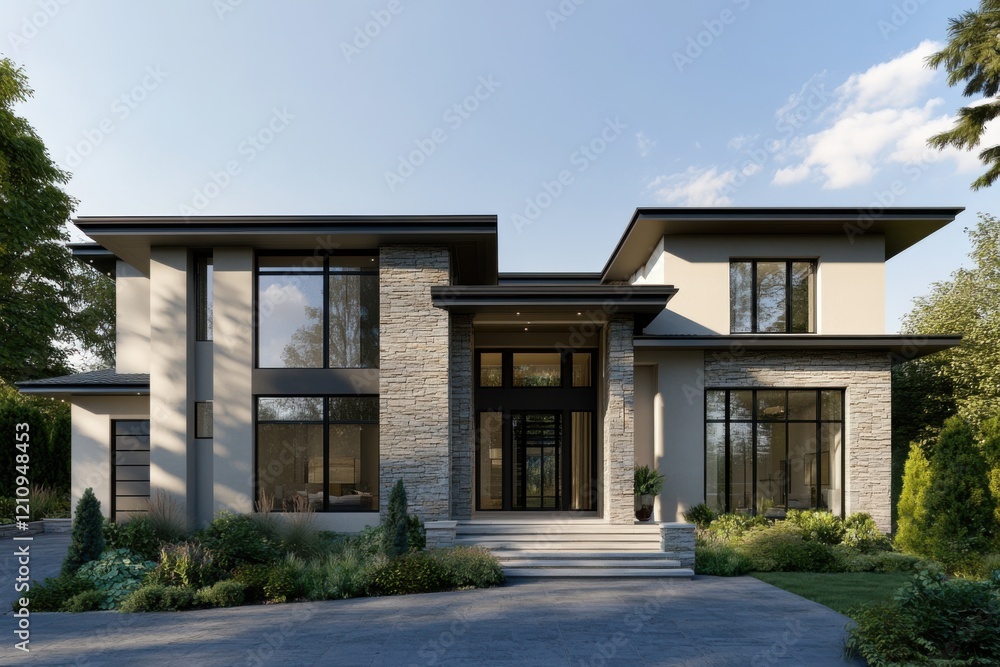 Experience the beauty of this stunning modern house, featuring an elegant stone facade and expansive windows, nestled in a peaceful suburban neighborhood bathed in daylight Experience the beauty of this stunning modern house, featuring an elegant stone facade and expansive windows, nestled in a peaceful suburban neighborhood bathed in daylight