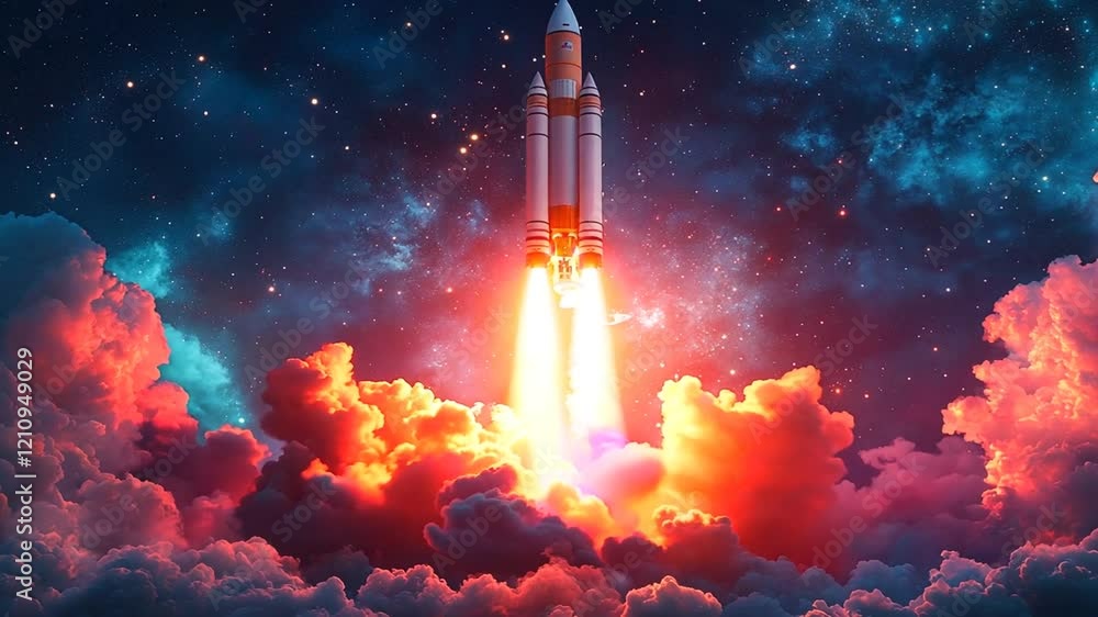 A rocket launching into space amidst vibrant clouds and a starry ...