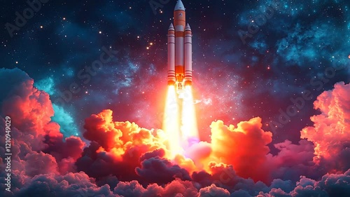 A rocket launching into space amidst vibrant clouds and a starry backdrop.