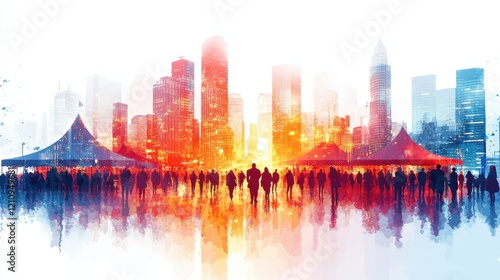 city carnival with colorful tents, lively visitors, double exposure silhouette with community celebration