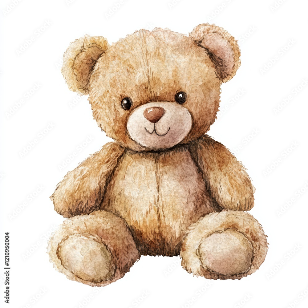 Fototapeta premium A charming stuffed bear created with watercolor techniques showcases soft, detailed textures against a pure white background, inviting warmth and nostalgia