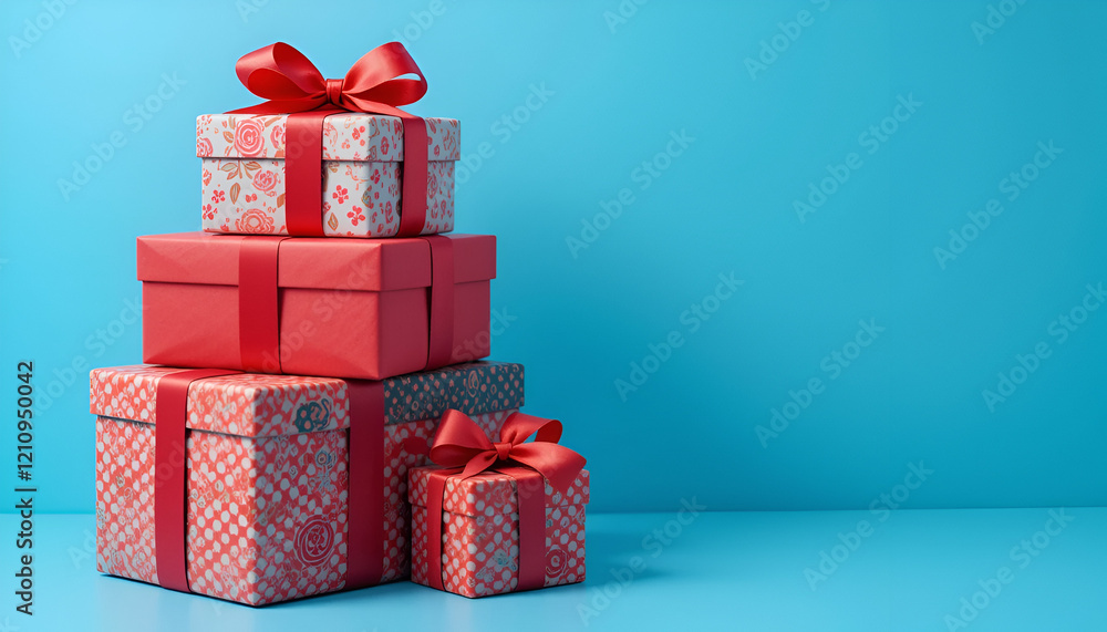 Obraz premium Stack of Gift Boxes with Bows on Blue Background xmas, party, holiday, birthday