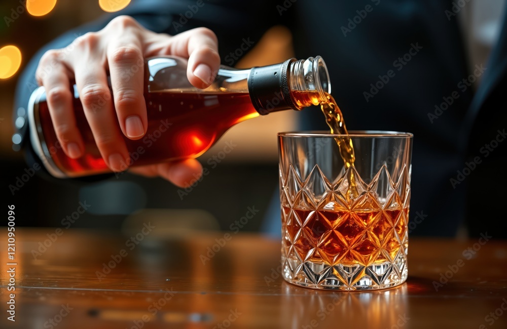 Person pours whiskey into a glass at bar. Man in dark clothing pours liquor. Indoor bar setting. Brown wooden bar counter. Elegant ambiance. Relaxation and nightlife. Celebration or party atmosphere. Person pours whiskey into a glass at bar. Man in dark clothing pours liquor. Indoor bar setting. Brown wooden bar counter. Elegant ambiance. Relaxation and nightlife. Celebration or party atmosphere.
