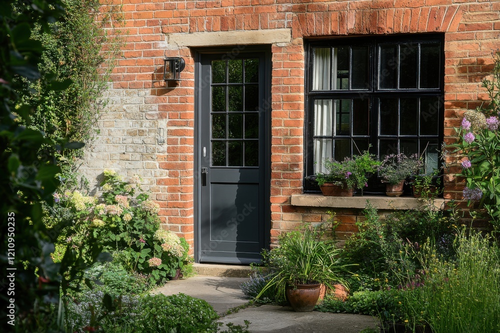 Charming brick house entrance surrounded by lush greenery and vibrant flowers in a tranquil garden setting during daylight hours Charming brick house entrance surrounded by lush greenery and vibrant flowers in a tranquil garden setting during daylight hours