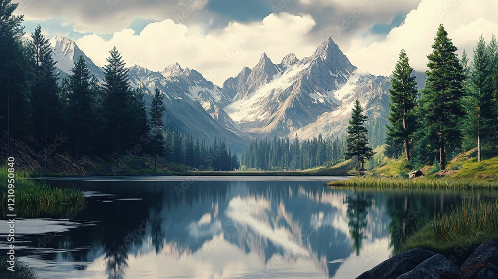 Serene mountain lake reflection, coniferous forest, scenic valley. Ideal for travel brochures or nature documentaries Serene mountain lake reflection, coniferous forest, scenic valley. Ideal for travel brochures or nature documentaries