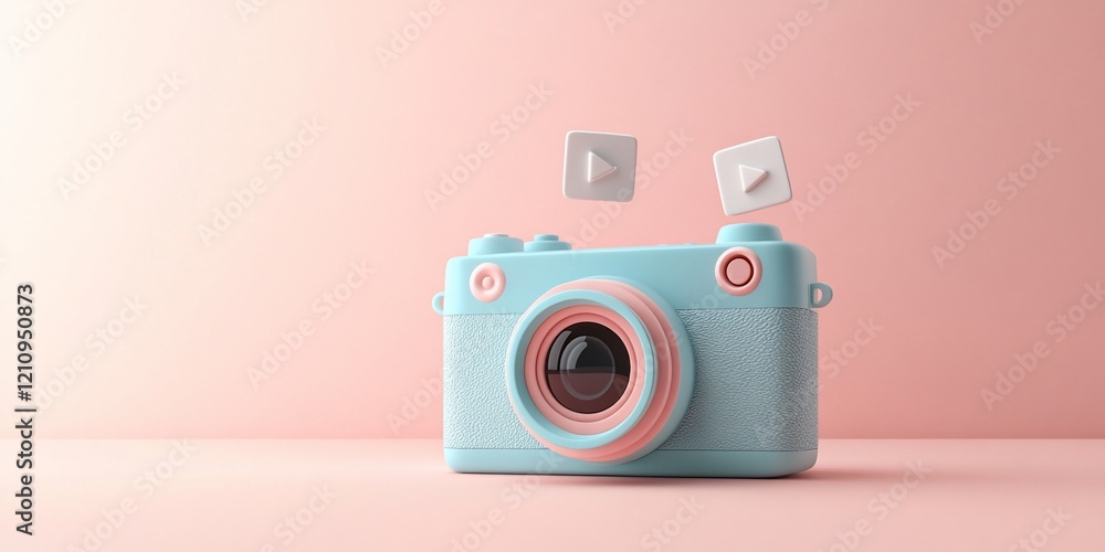 Fototapeta premium Pastel blue camera with play icons.