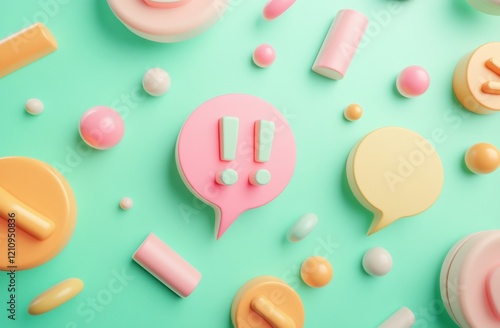 Pastel-colored 3D shapes and exclamation points in speech bubbles on a mint green background. photo