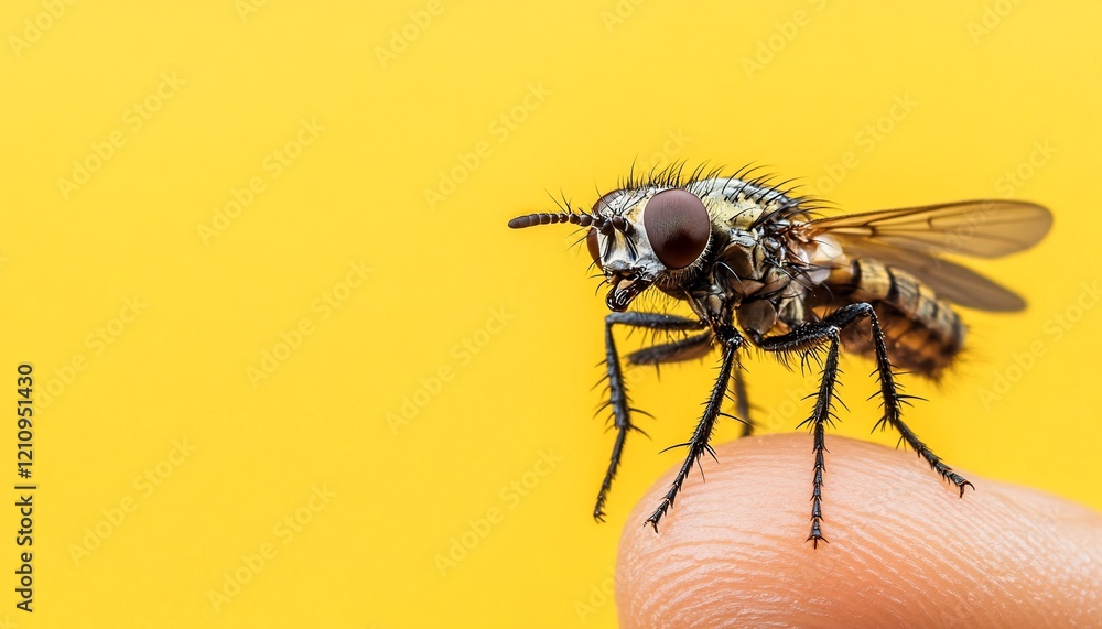 Close-up of a fly on a finger against a yellow background. Close-up of a fly on a finger against a yellow background.