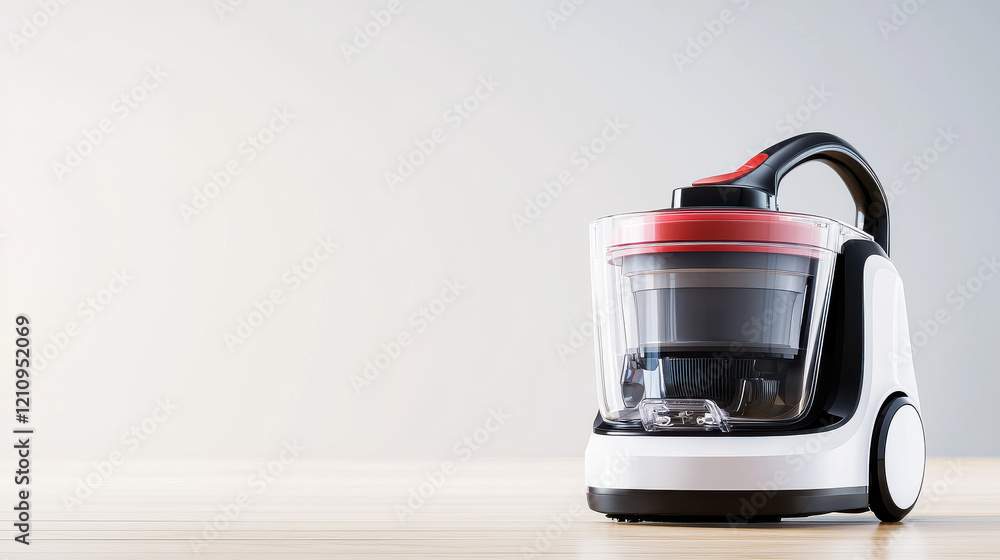 high tech vacuum cleaner with transparent dust bin on wooden surface high tech vacuum cleaner with transparent dust bin on wooden surface