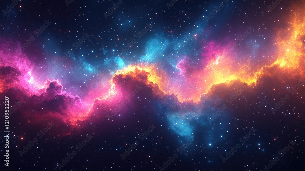 Naklejka premium A vibrant nebula swirls with hues of pink, orange, and blue, creating a cosmic dreamscape filled with glittering stars.