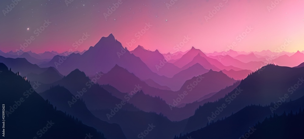 Fototapeta premium Purple, black gradient mountain range panorama. Soft lighting effect creates vibrant color transitions. Beautiful illustration design ideal for wallpapers banners. Smooth texture, abstract, modern,