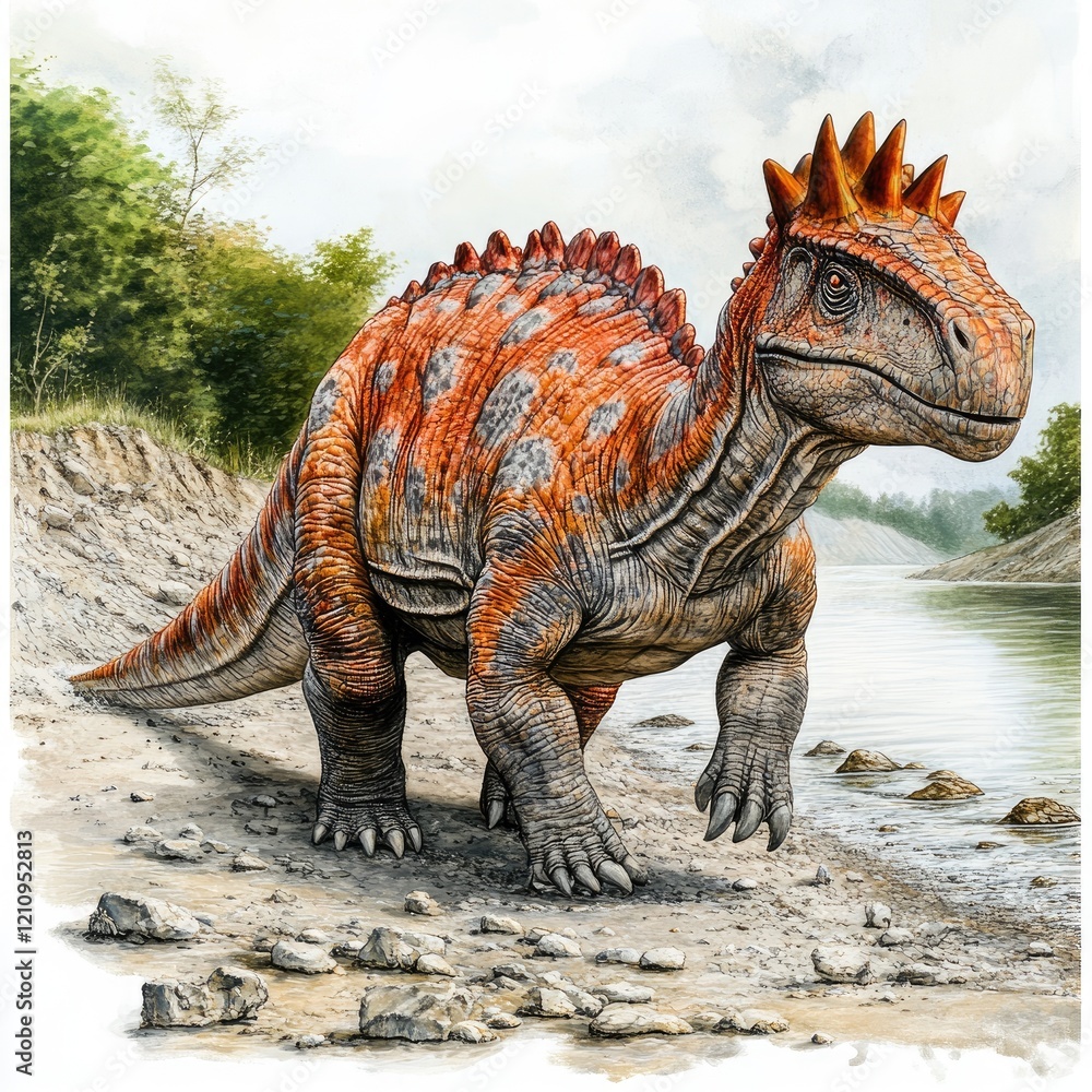 Fototapeta premium Prehistoric reptile by riverbank, paleontological illustration