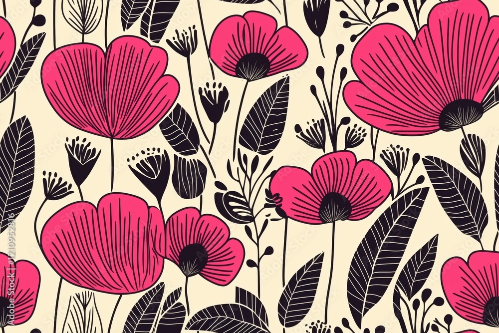 Obraz premium Padrão floral contínuo com flores estilizadas em tons vibrantes de rosa, laranja e preto, com folhas detalhadas em fundo claro, criado com IA generativa. 