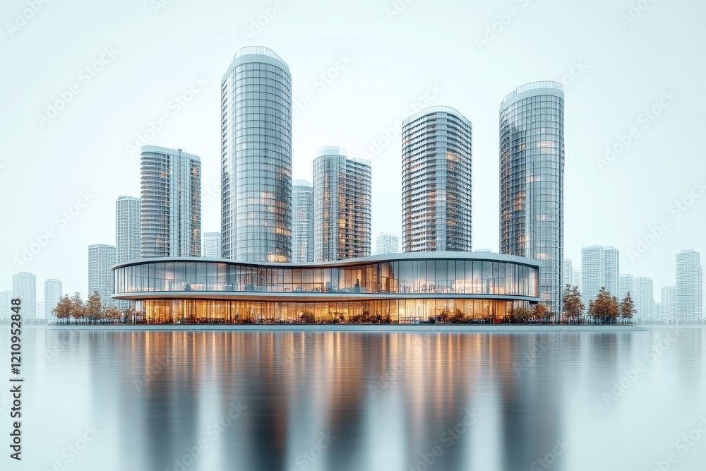 Fototapeta premium Modern skyscrapers with a reflective water foreground and sleek design.