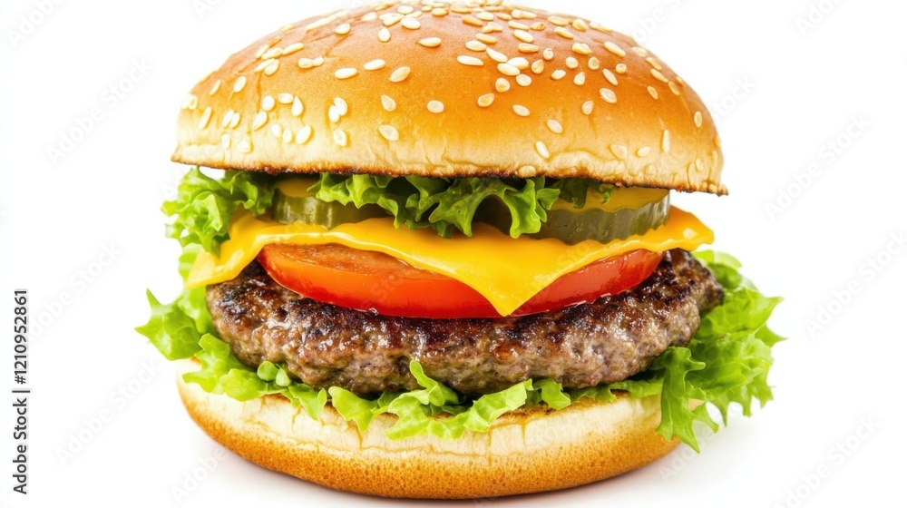 A perfectly grilled hamburger with a juicy beef patty, fresh lettuce, tomato A perfectly grilled hamburger with a juicy beef patty, fresh lettuce, tomato