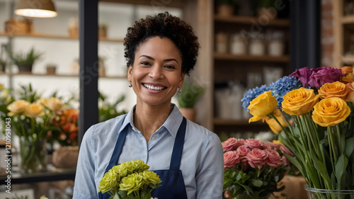 Fototapeta Naklejka Na Ścianę i Meble -  Smiling florist holding a bouquet of green roses in her flower shop.  A successful small business owner.