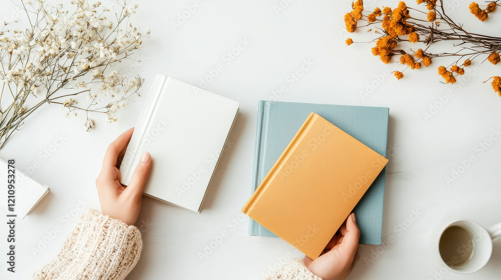 Obraz premium Hands holding books on table with flowers and cup of coffee, creating cozy atmosphere
