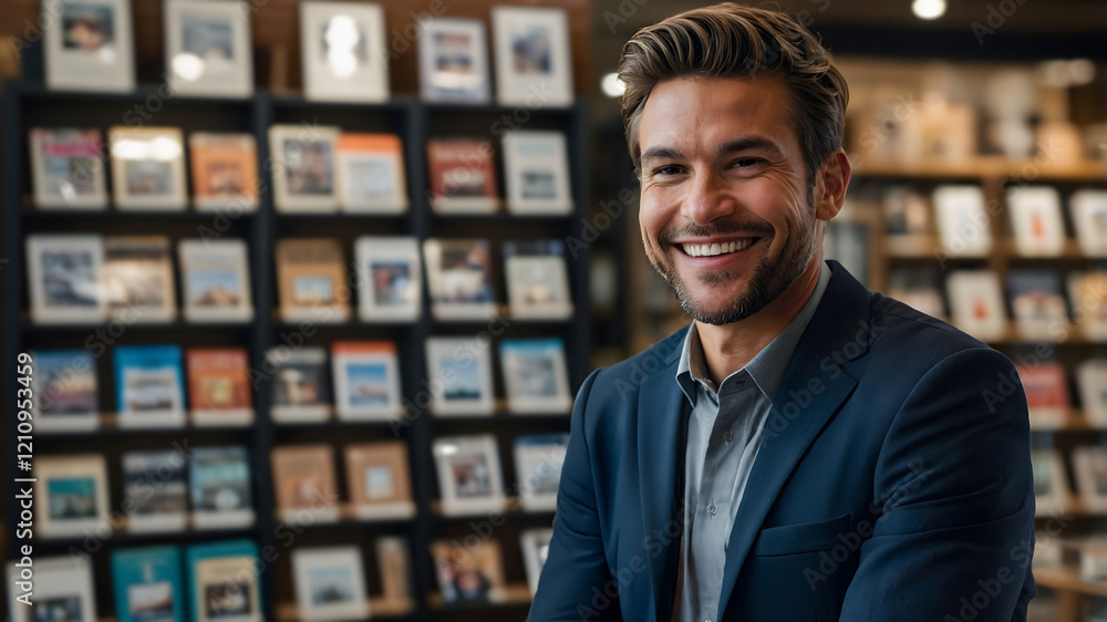 Fototapeta premium Smiling businessman in a bookstore, surrounded by bookshelves. A portrait showcasing success and professionalism.
