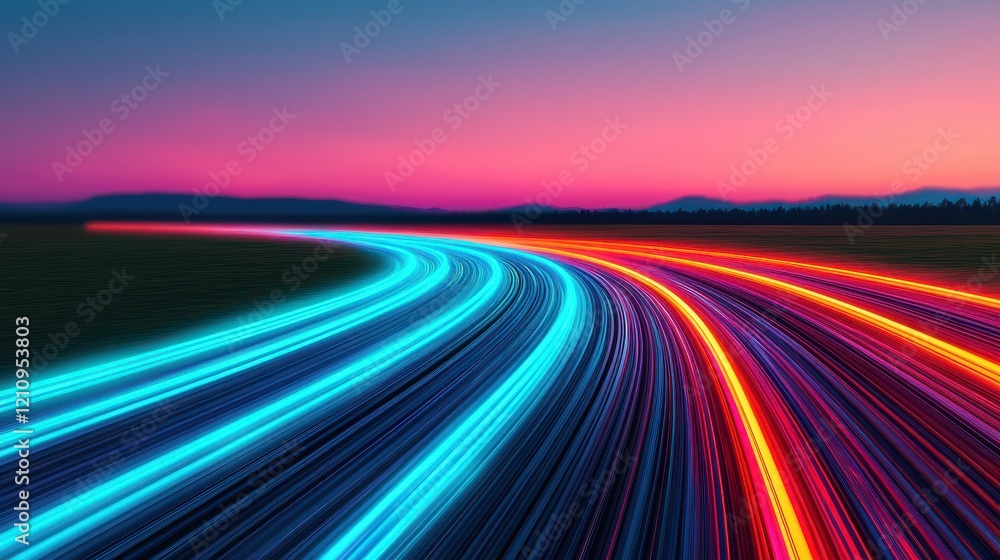 Vibrant Light Trails on Winding Road at Sunset Creating Motion Effect Vibrant Light Trails on Winding Road at Sunset Creating Motion Effect
