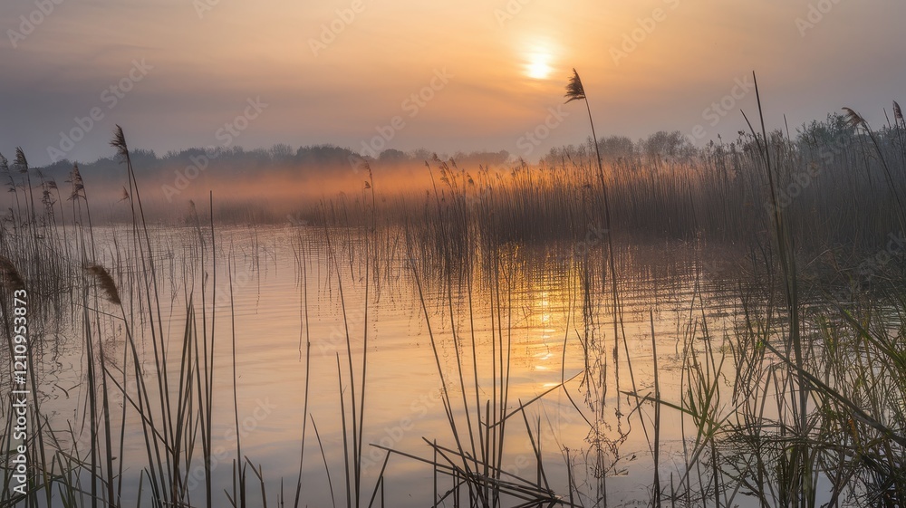A serene sunrise over a misty lake, featuring tall grasses reflecting the warm hues of dawn. A serene sunrise over a misty lake, featuring tall grasses reflecting the warm hues of dawn.